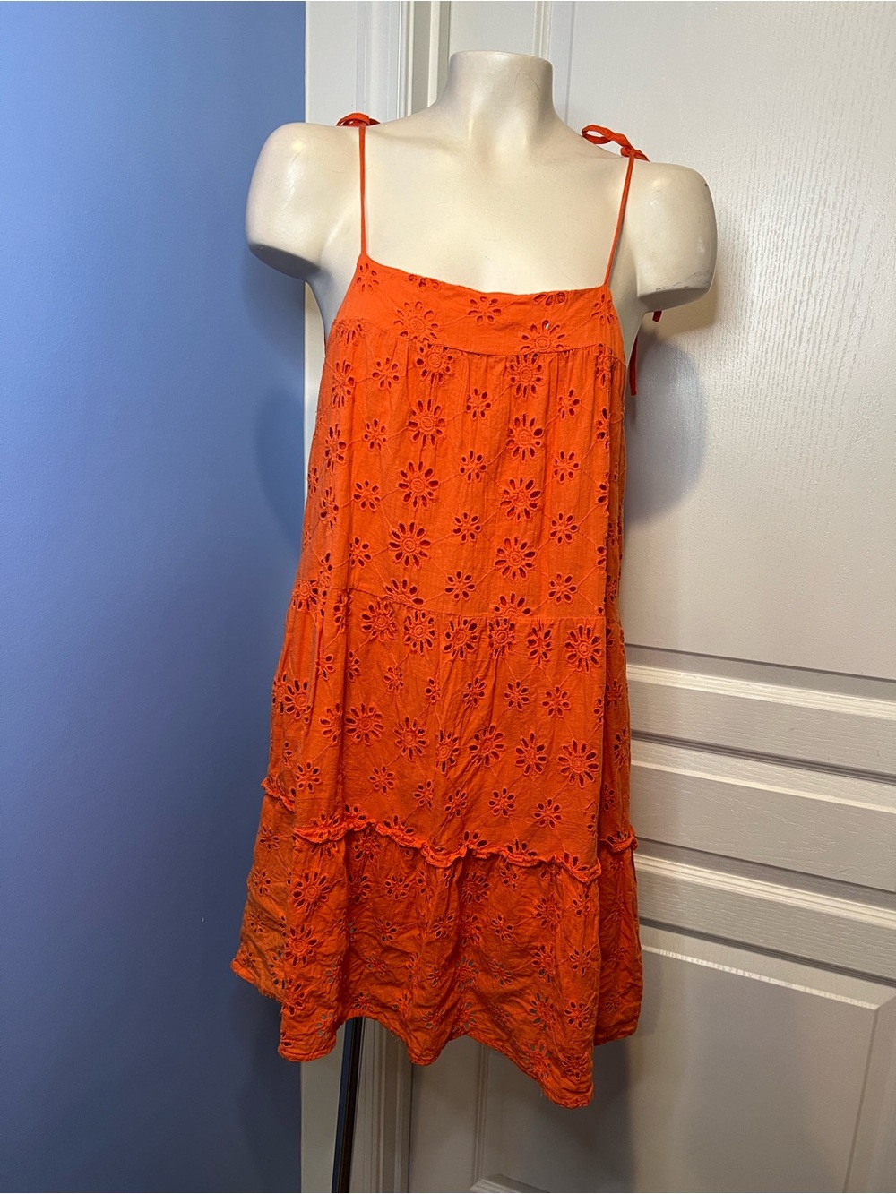 Altar'd State 100% cotton Orange Eyelet Tie-Shoulder Mini Dress size Large
